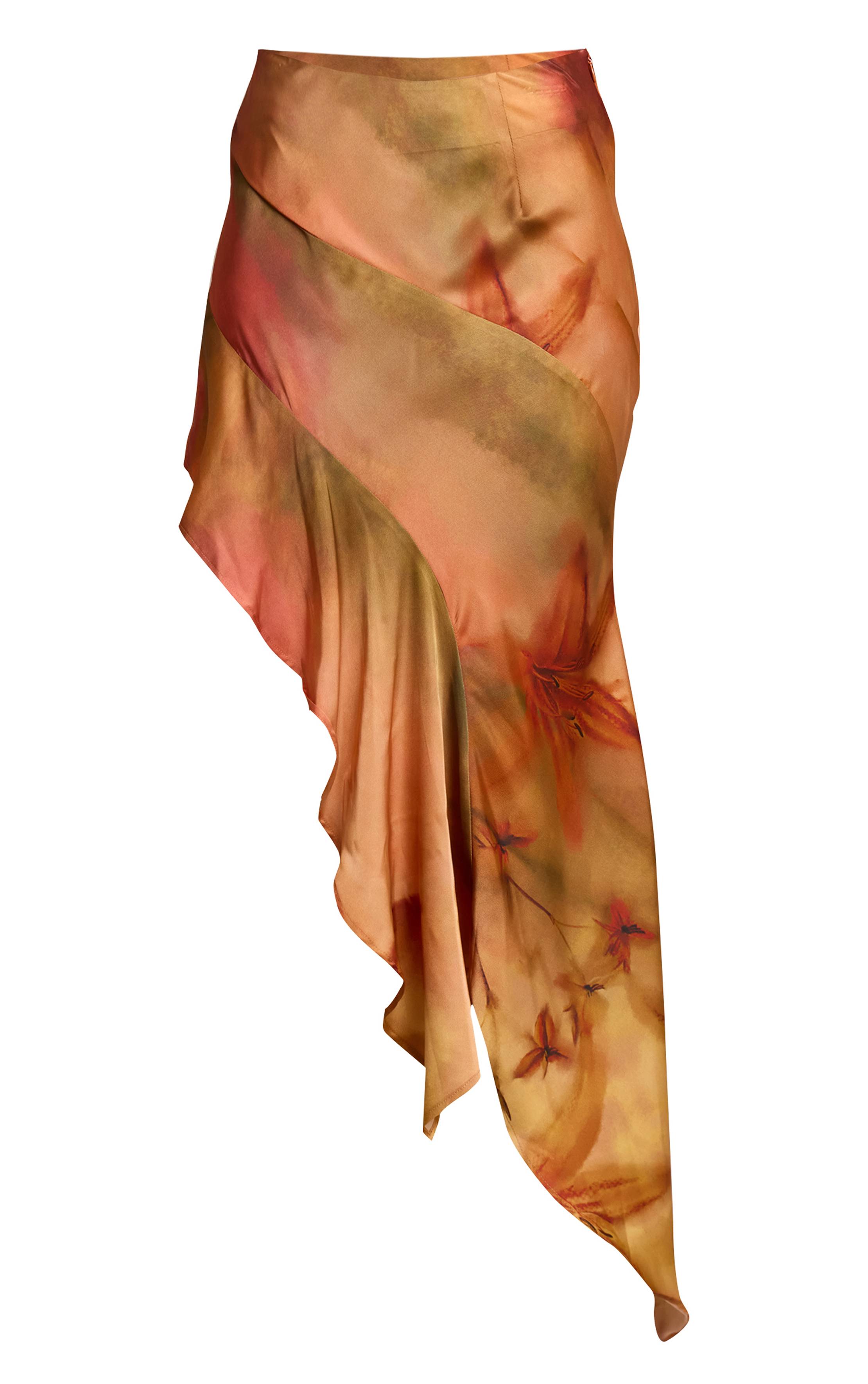 Orange Brûlé Jupe Midi Coordonnée En Satin Imprimé À Volant Asymétrique
