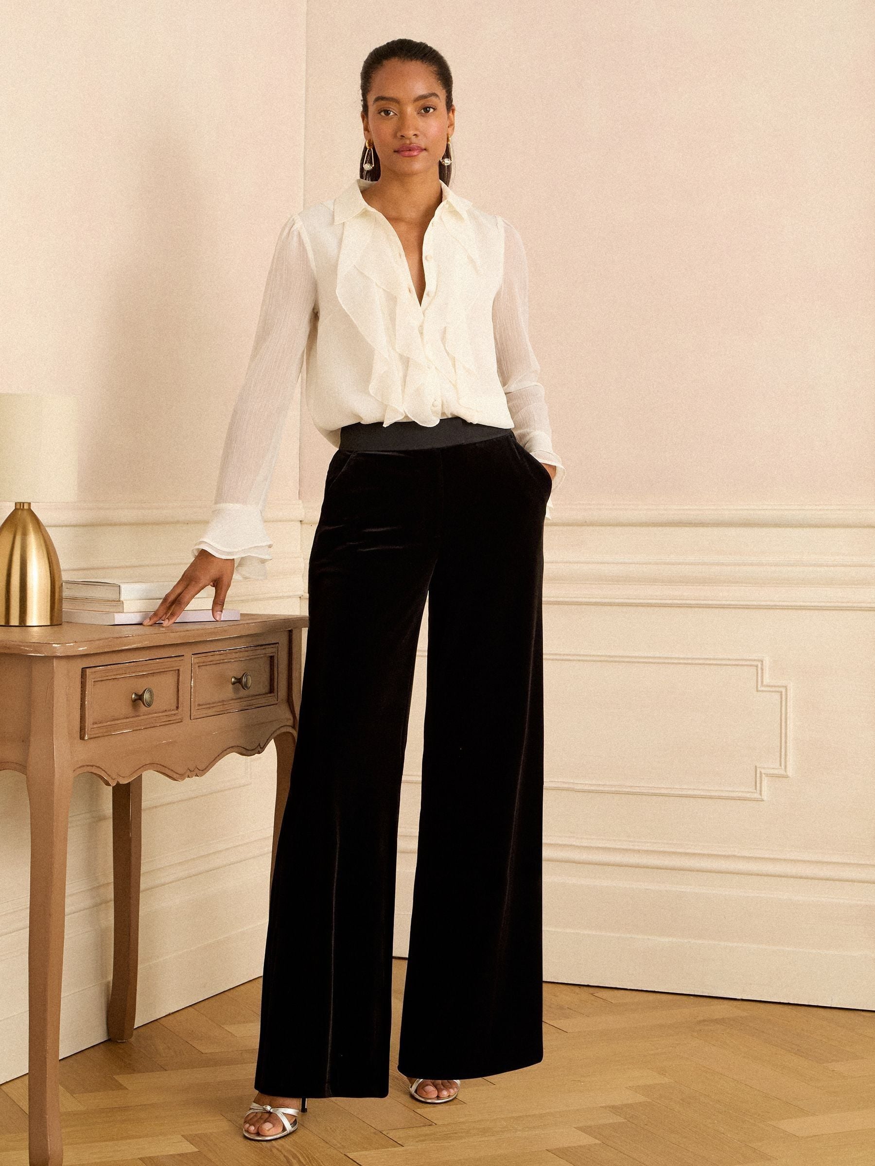 Zwart - Love & Roses Velvet Wide Leg Trousers