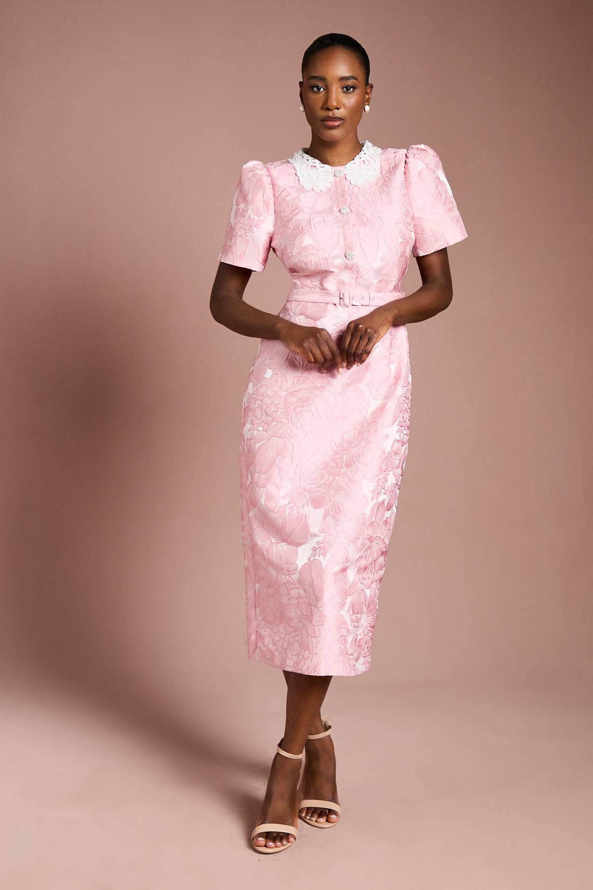 Coast Robe Mi-Longue Jacquard à Col et Manches Bouffantes