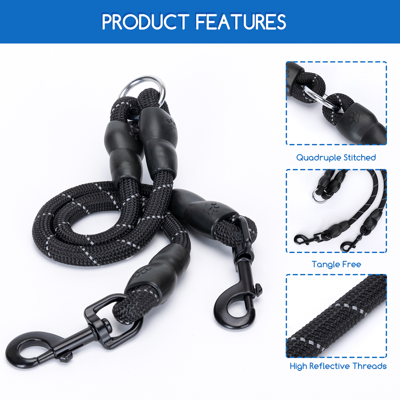 Guia dupla para cães Nobleza, redonda, em nylon, que não embola, com giro de 360°, para cães de grande, médio e pequeno porte.