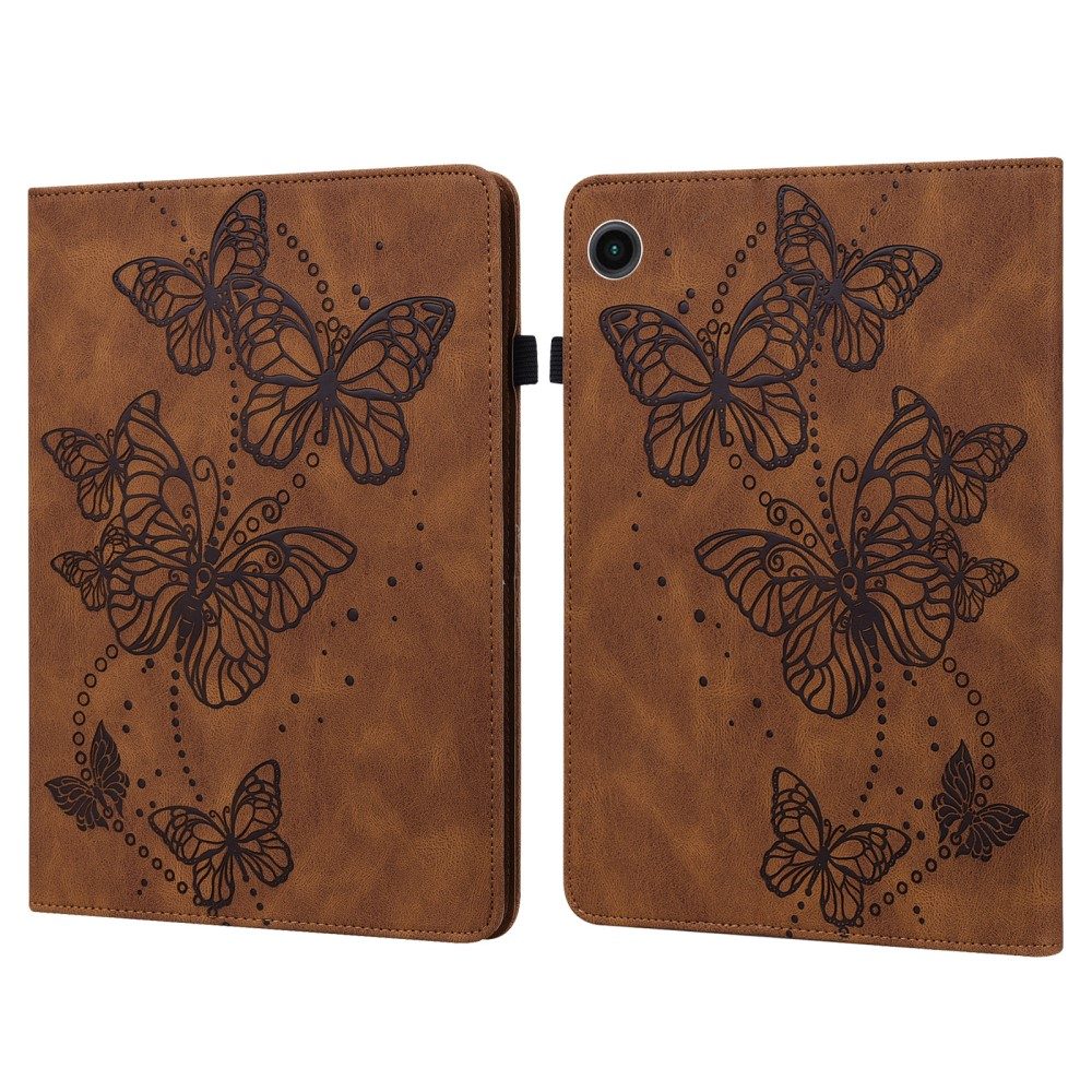 Samsung Galaxy Tab A9  Plus Leder Tasche Flip Cover Butterflies Imprint   S-Pen Halterung - Braun