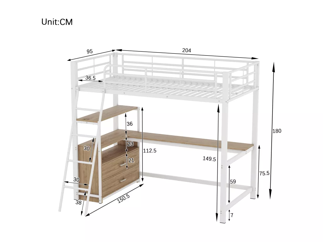 Lit mezzanine 90 x 200 cm avec bureau en L - 2 tiroirs et étagère - Métal+MDF - Sommier à lattes - Blanc (sans matelas)