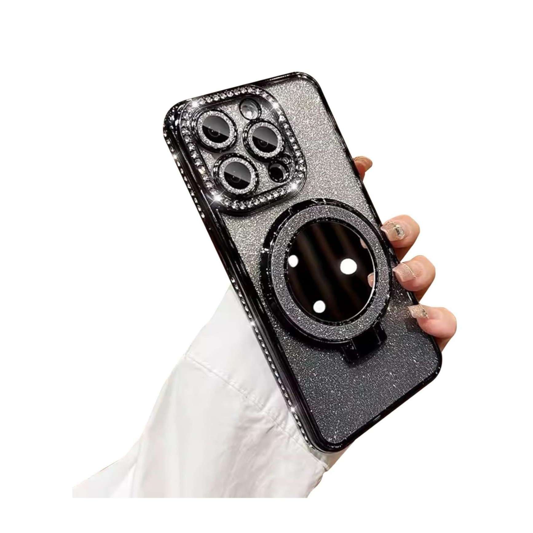iPhone 16e MagSafe Gummi Case Hülle im Glitzer Design   Magnetischer Kickstand Haltering - Schwarz / Silber