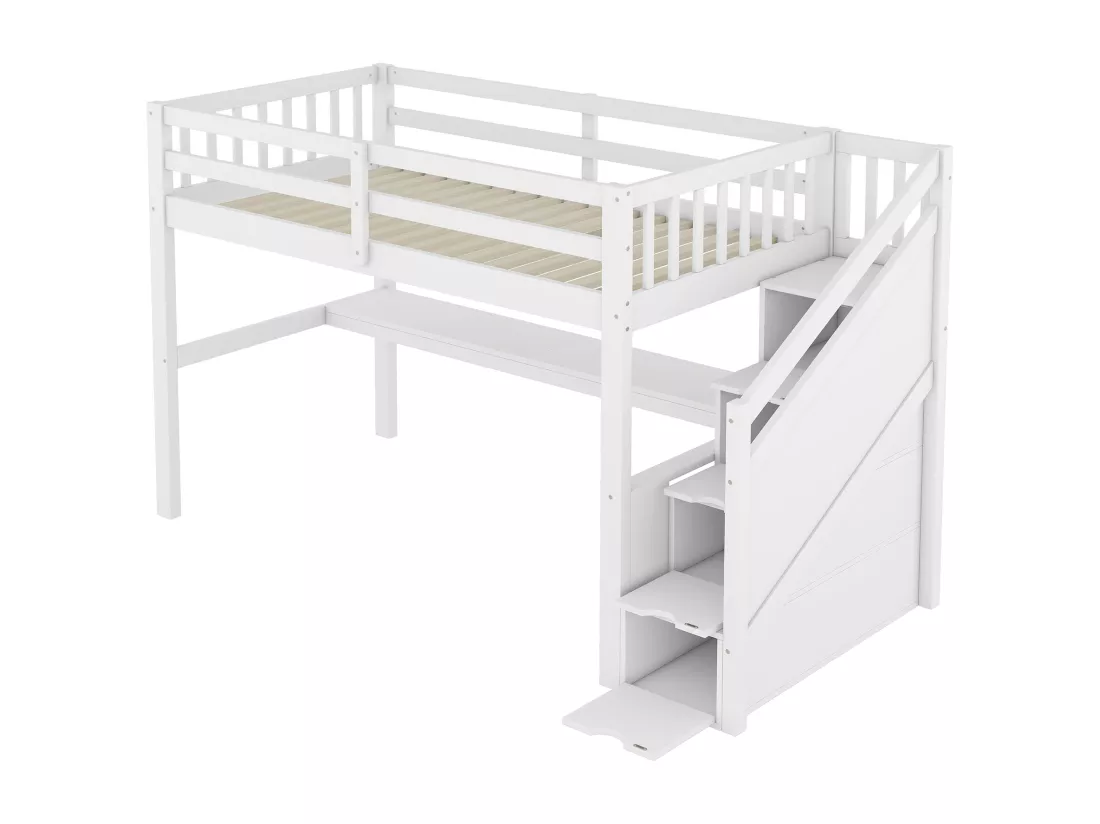 Lit mezzanine 90 x 200 cm avec bureau et 4 tiroirs - bois de pin + MDF - sommier à lattes - blanc