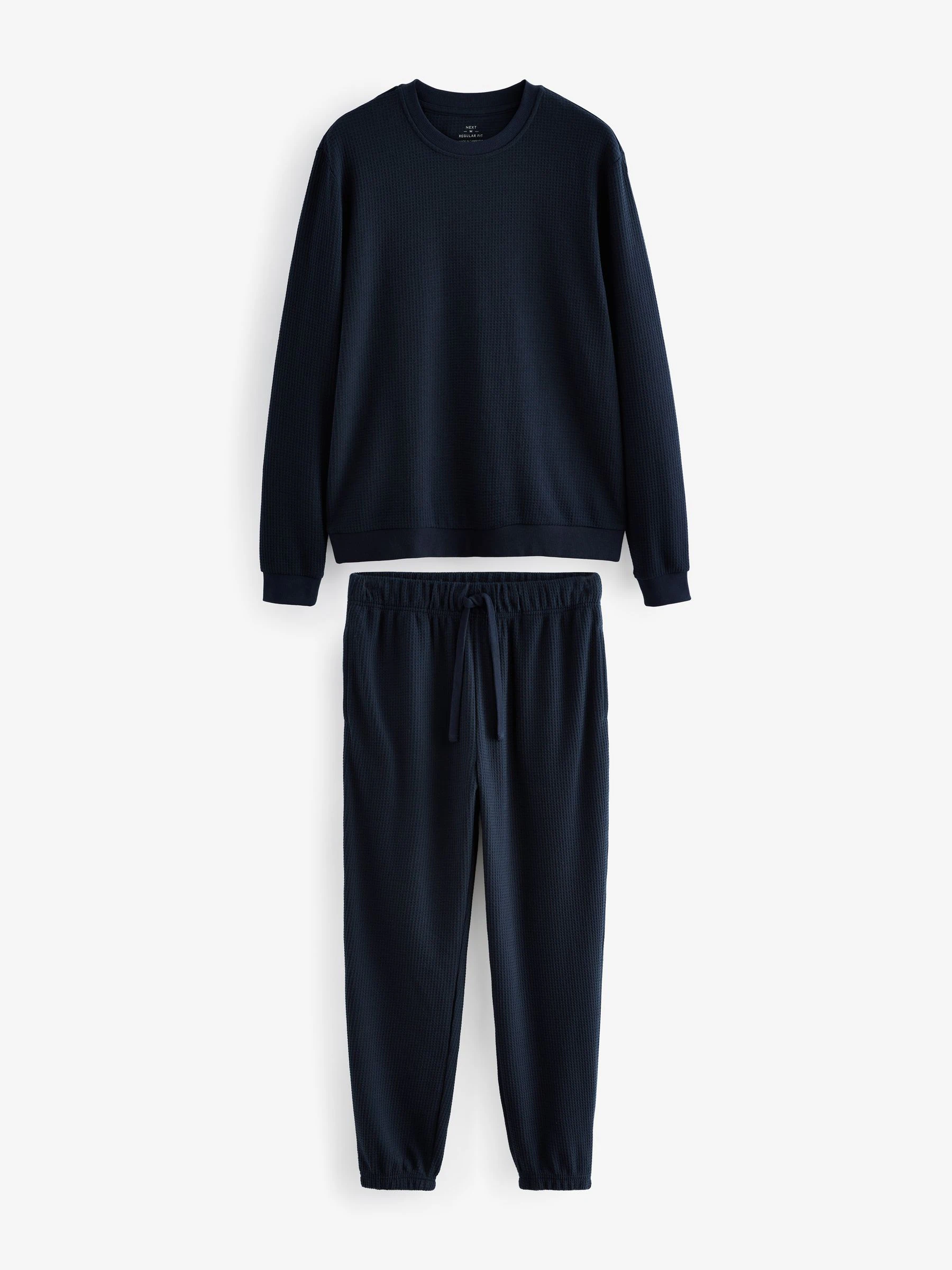 Donkerblauw - Zachte pyjama met top met wafeldessin en lange mouwen