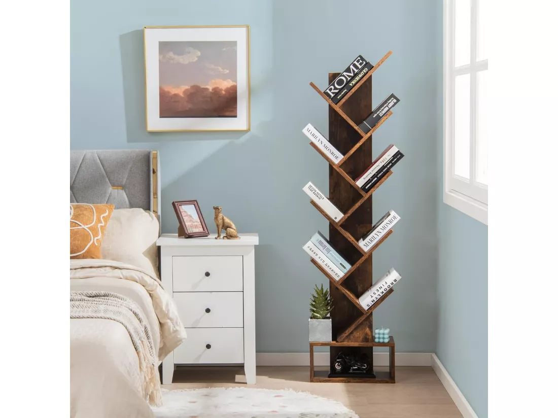 Bibliothèque à 8 niveaux en forme arbre avec tiroir tissu amovible, marron