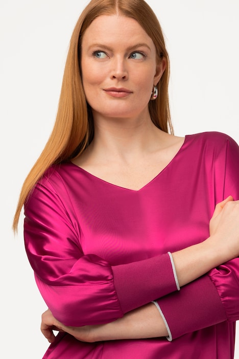 Bluse, Satin, V-Ausschnitt, 3/4-Fledermausärmel