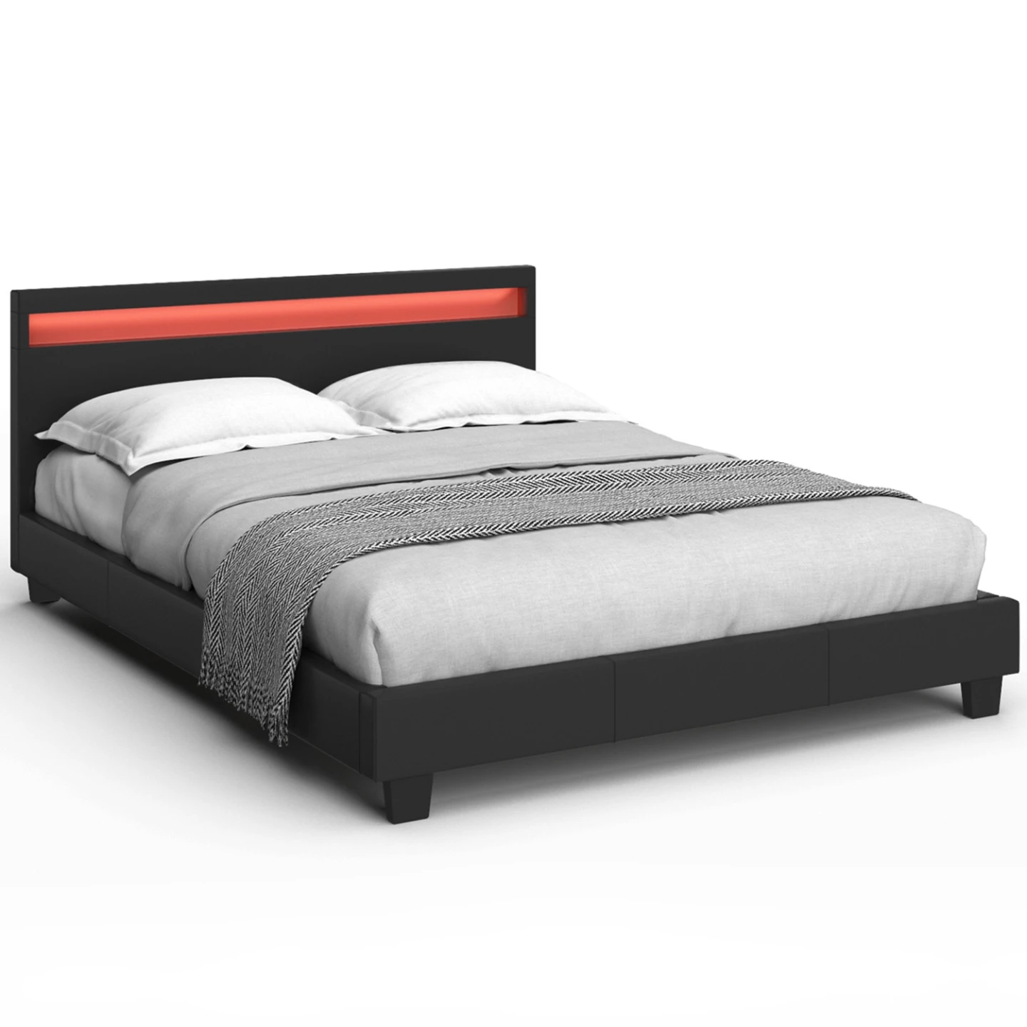 Lit double NEO avec tête de lit LED intégrées et sommier 140 x 190 cm PVC noir