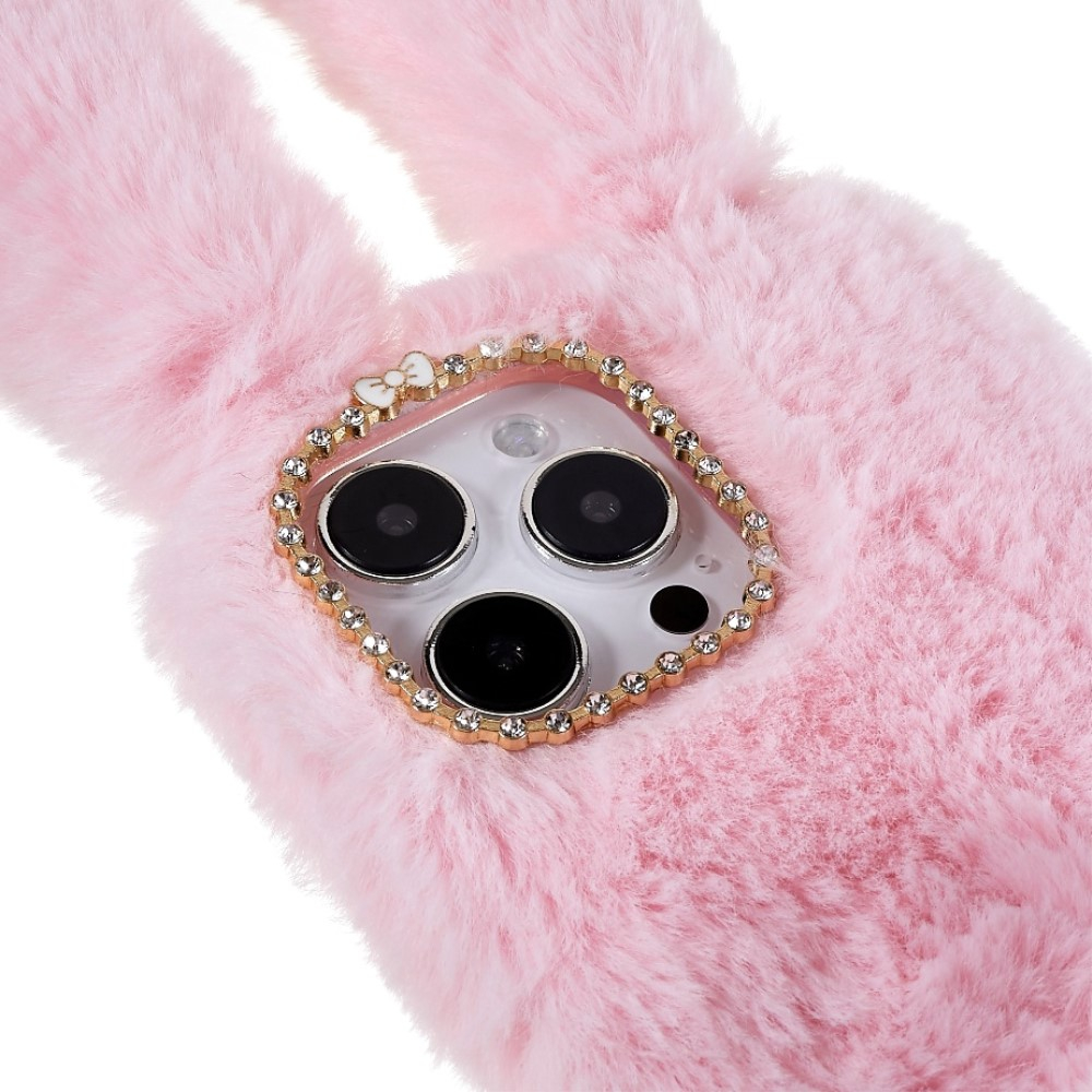 iPhone 14 Pro 3D Gummi Plüsch Case Hülle Bunny mit Flauschigen Hasenohren - Rosa