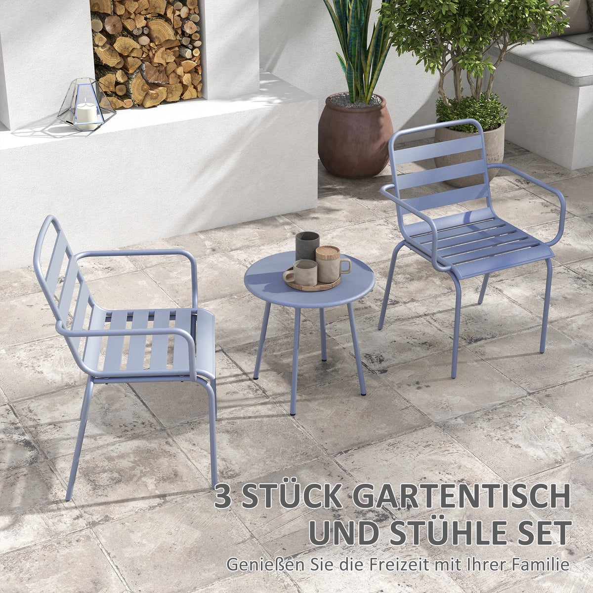 Outsunny 3-delige tuinmeubelset, met 1 salontafel, 2 stapelbare stoelen, voor balkon, terras, 51L x 58B x 78H cm, staal, lichtgrijs