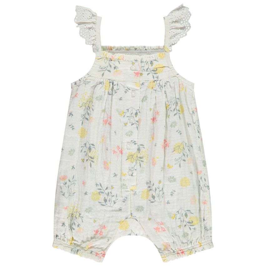 Combishort en coton tubique imprimé floral pour bébé fille - Ecru