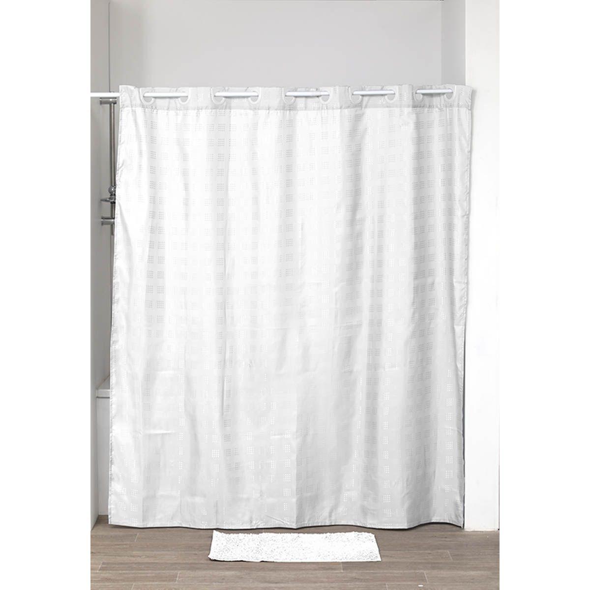 RIDEAU DE DOUCHE POLYESTER MOTIF CARRE ANNEAUX INTEGRES 180X