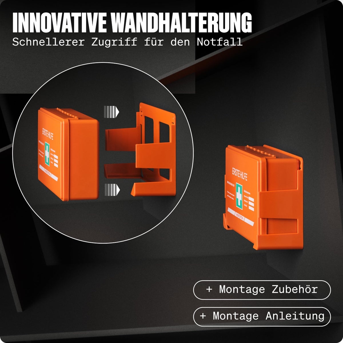 EHBO-doos DIN 13157:2021 Klein - Incl. praktische wandhouder, 3x stickers, mondkapjes & vochtige doekjes - EHBO-doos DIN 13157 voor bedrijven, instellingen & thuis Oranje