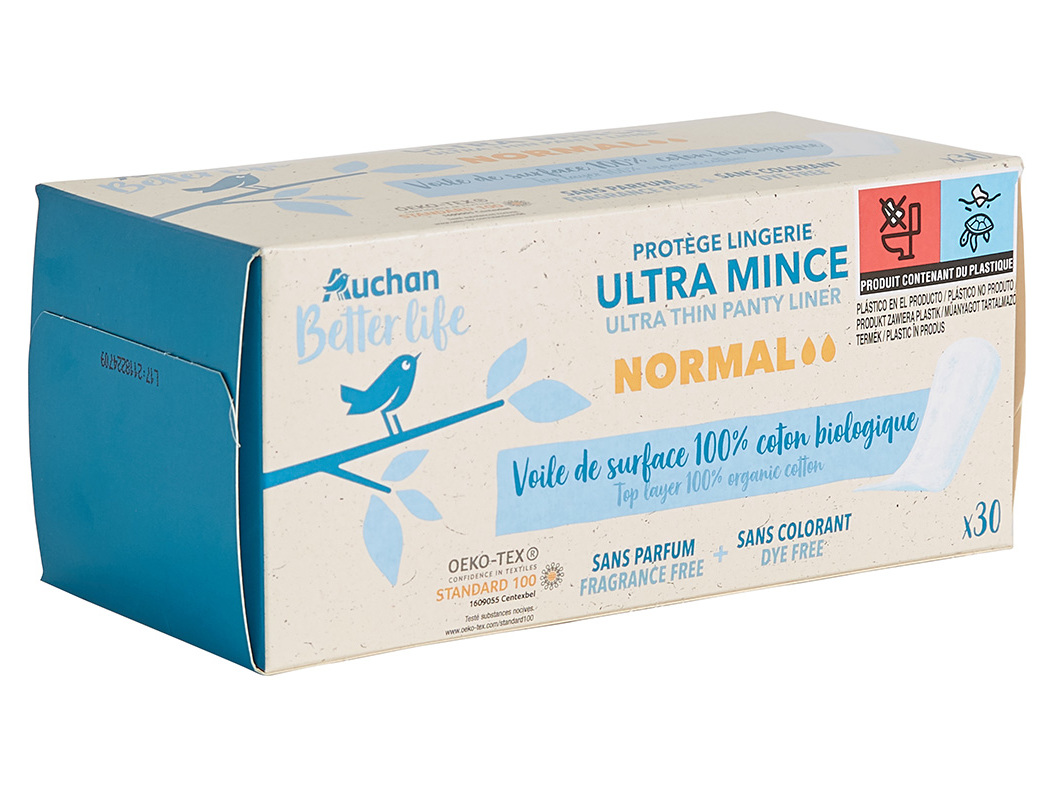 PENSOS DIÁRIOS AUCHAN BETTER LIFE NORMAL 100% ALGODÃO BIOLÓGICO 30 UN