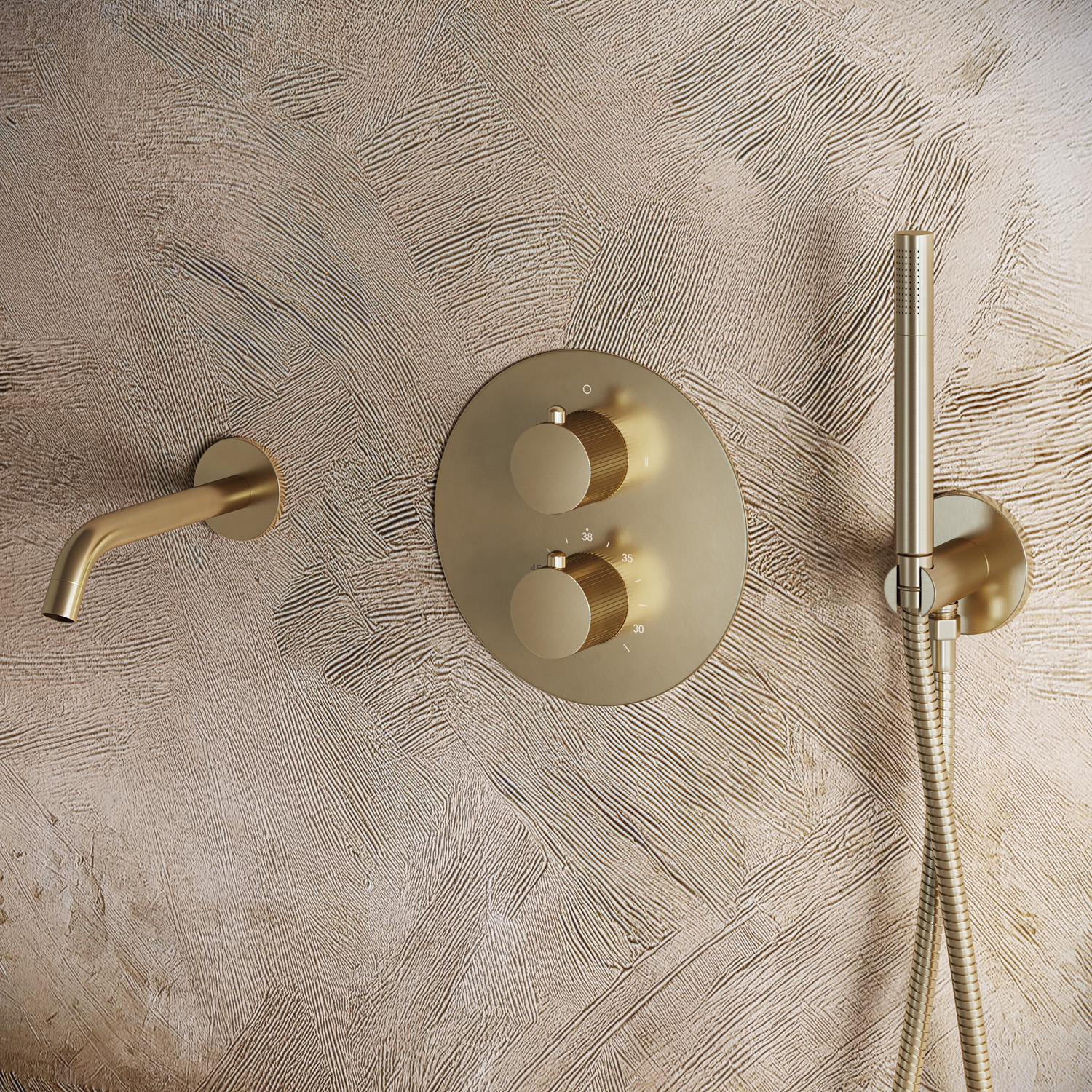 Saniclear Brass Stripes rond inbouw thermostaat met inbouwdeel geborsteld messing - mat goud