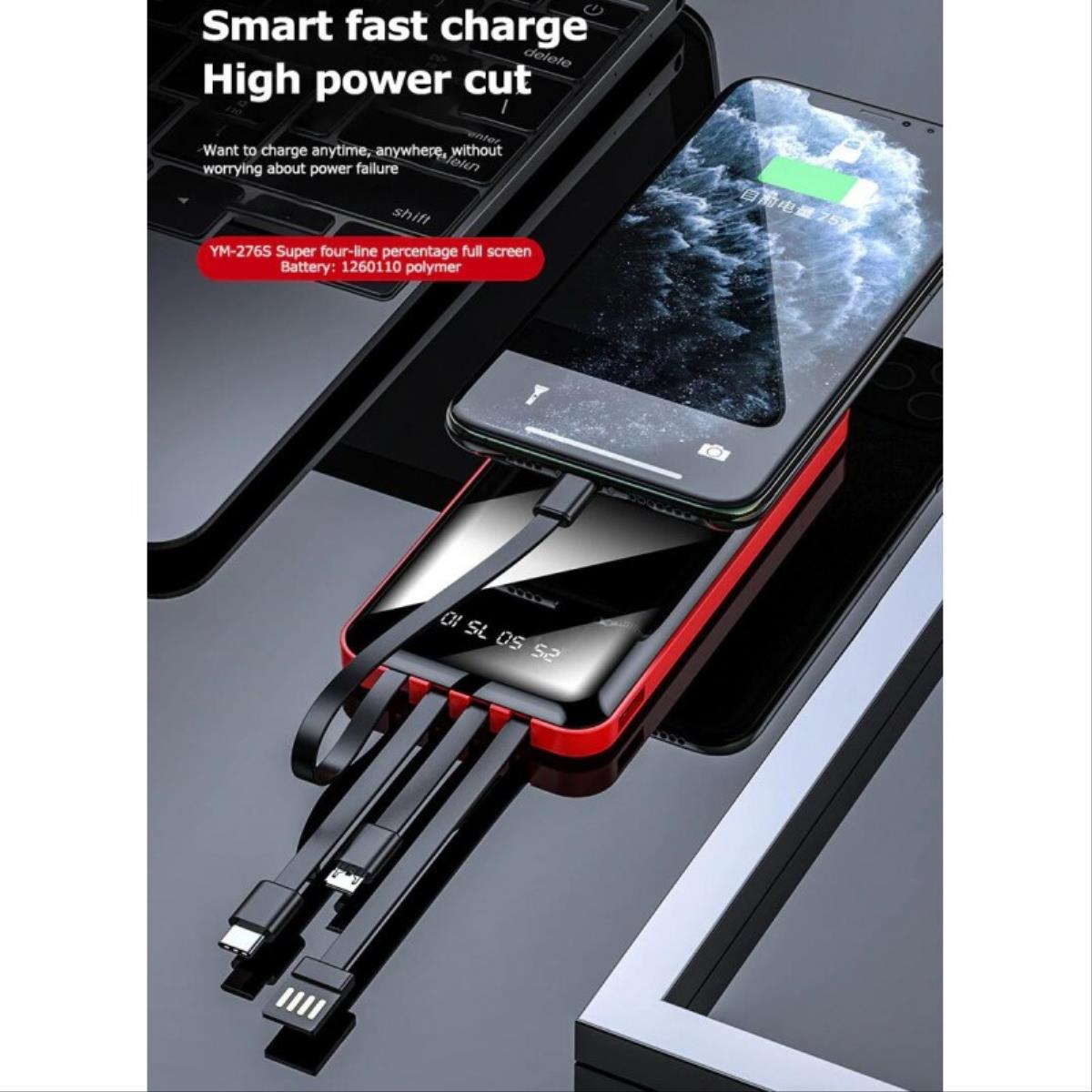 Power Bank Smartek de 10000mAh com 4 cabos de carregamento e carregamento sem fio.