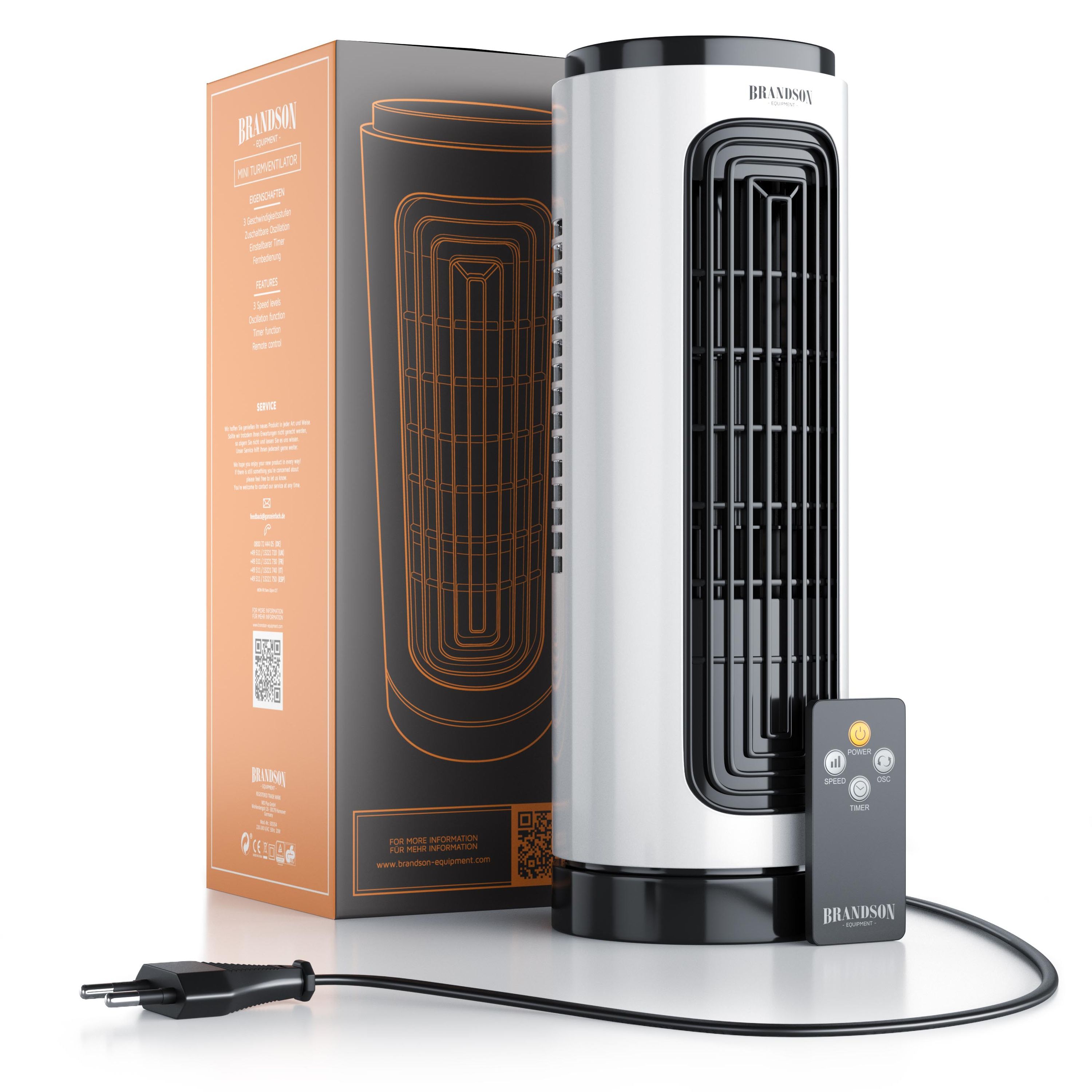 Brandson Tischventilator 20W mit Fernbedienung, Ventilator kompakter Turmventilator mit Oszillation, mobiler Lüfter, 3 Leistungsstufen,Timer, leise