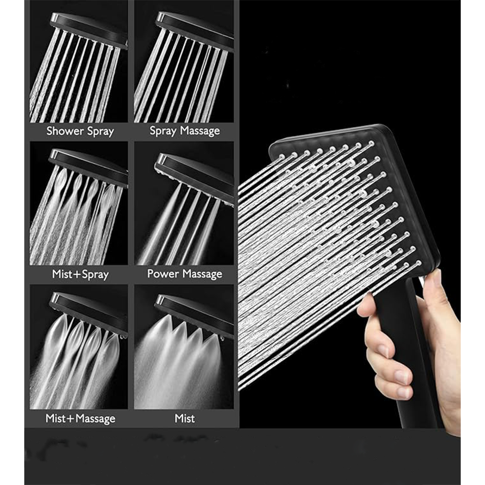 Universal Duschkopf Hand Brause Massage Hochdruck Düse mit 6 Strahlarten - Schwarz