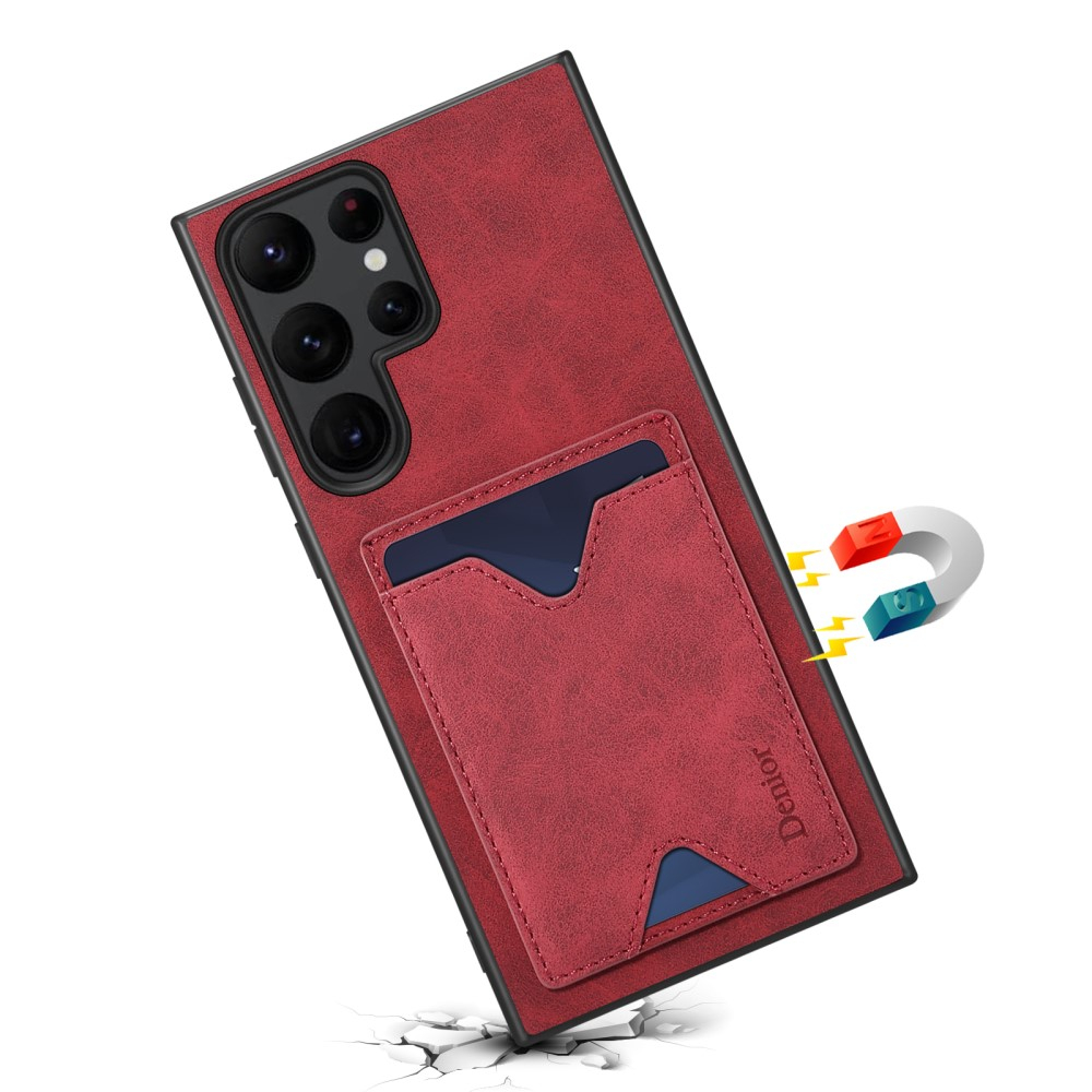 Samsung Galaxy S24 Ultra Hybrid Leder Hülle mit Magnetischem Kartenfach   Kickstand Aufsteller - Rot