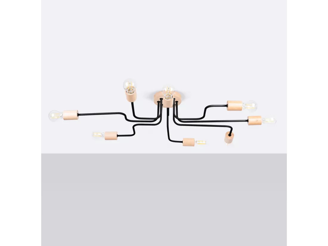 Lustre Timbo grenier en acier/bois - 8 sources lumineuses - L.100 x H.16,5 cm - noir/bois naturel