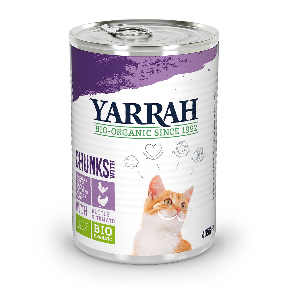 12x Yarrah Bio Kattenvoer Chunks Kip & Kalkoen405 gr
