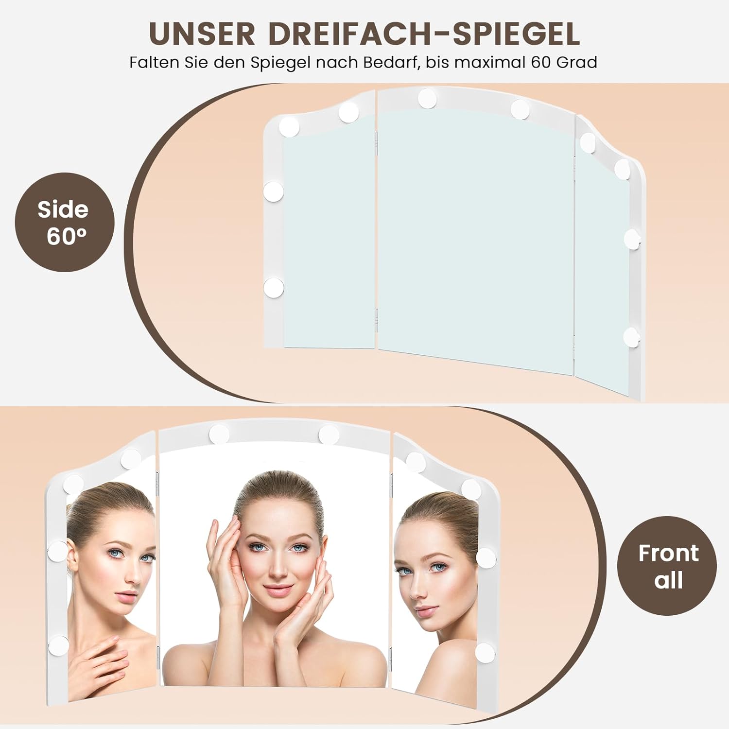 FIONESO Schminktisch mit 3 klappbaren Spiegeln, Schminktisch mit 10 LED-Leuchten und Steckdosen, Frisiertisch mit 3 Schubladen und Zwei Schränken, für Frauen, Schlafzimmer, Weiß