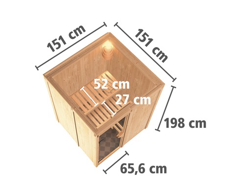 Karibu Sinja plug & play sauna zonder kachel en dakrand, met houten deur en geïsoleerd glas.