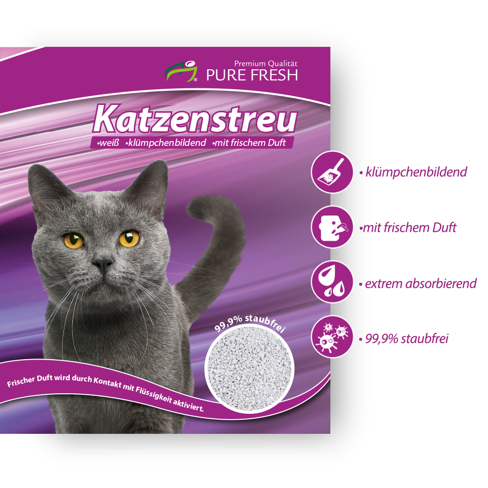 KAHU® PURE FRESH Katzenstreu mit Babypuderduft • Klumpstreu • Naturmaterial weisses Kalzium-Bentonit • Naturstreu • 6l (5,2kg) pro Packung
