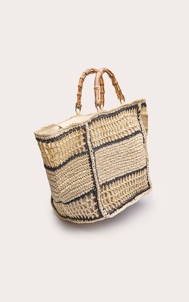 Sac De Plage En Raphia Rayé Avec Anses En Bambou