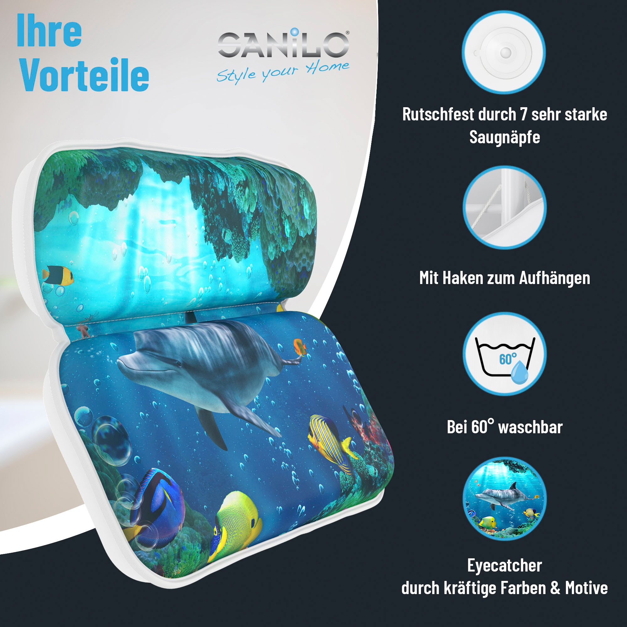 Sanilo Nackenkissen »Badewannenkissen Delphin« bequem, rutschfest, kräftige Farben, mit 7 starken Saugnäpfen