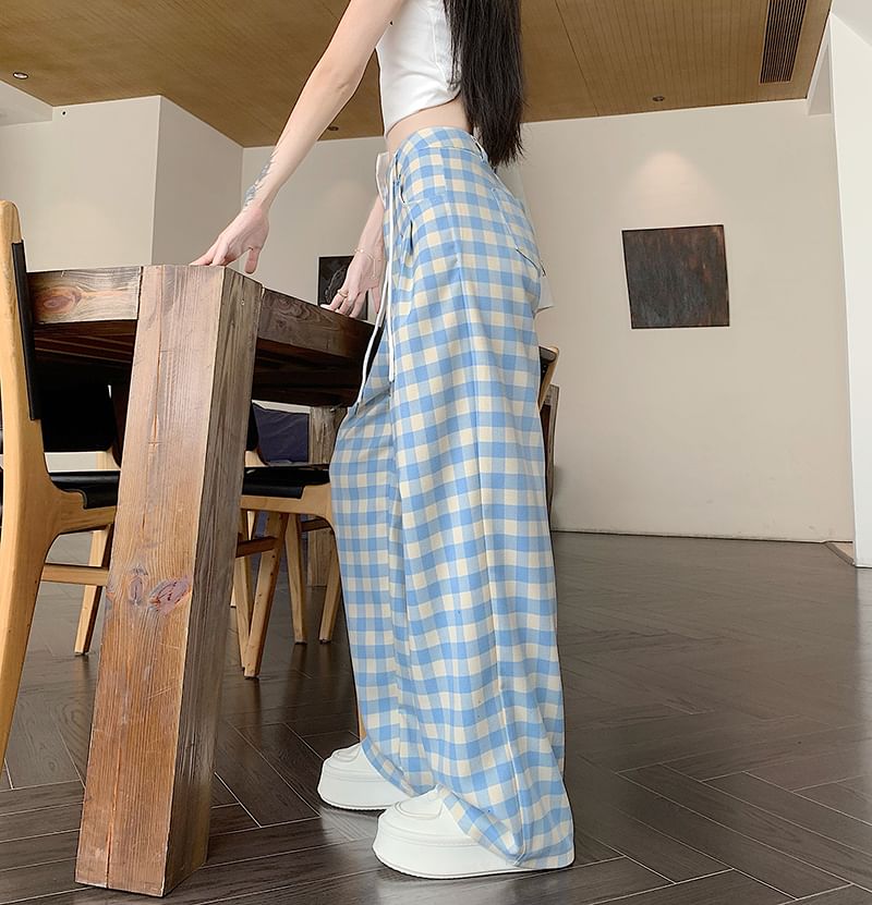 Tel tot 10 - Mid Rise Gingham Wide Leg Pants