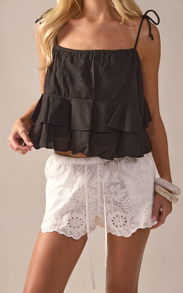 Blanc Short En Coton Broderie Anglaise Avec Cordon De Serrage