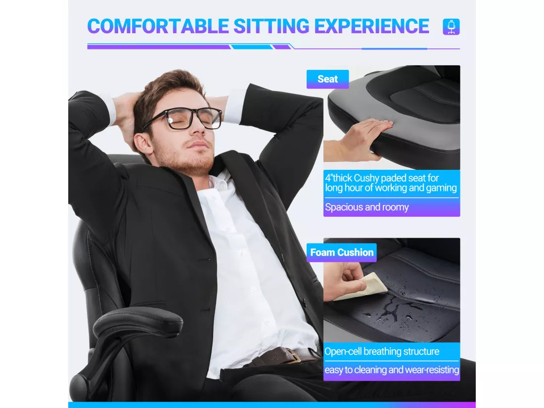Chaise d'ordinateur,Chaise de bureau pivotante avec support lombaire,Ergonomique,Cuir de PU,Gris,Noir