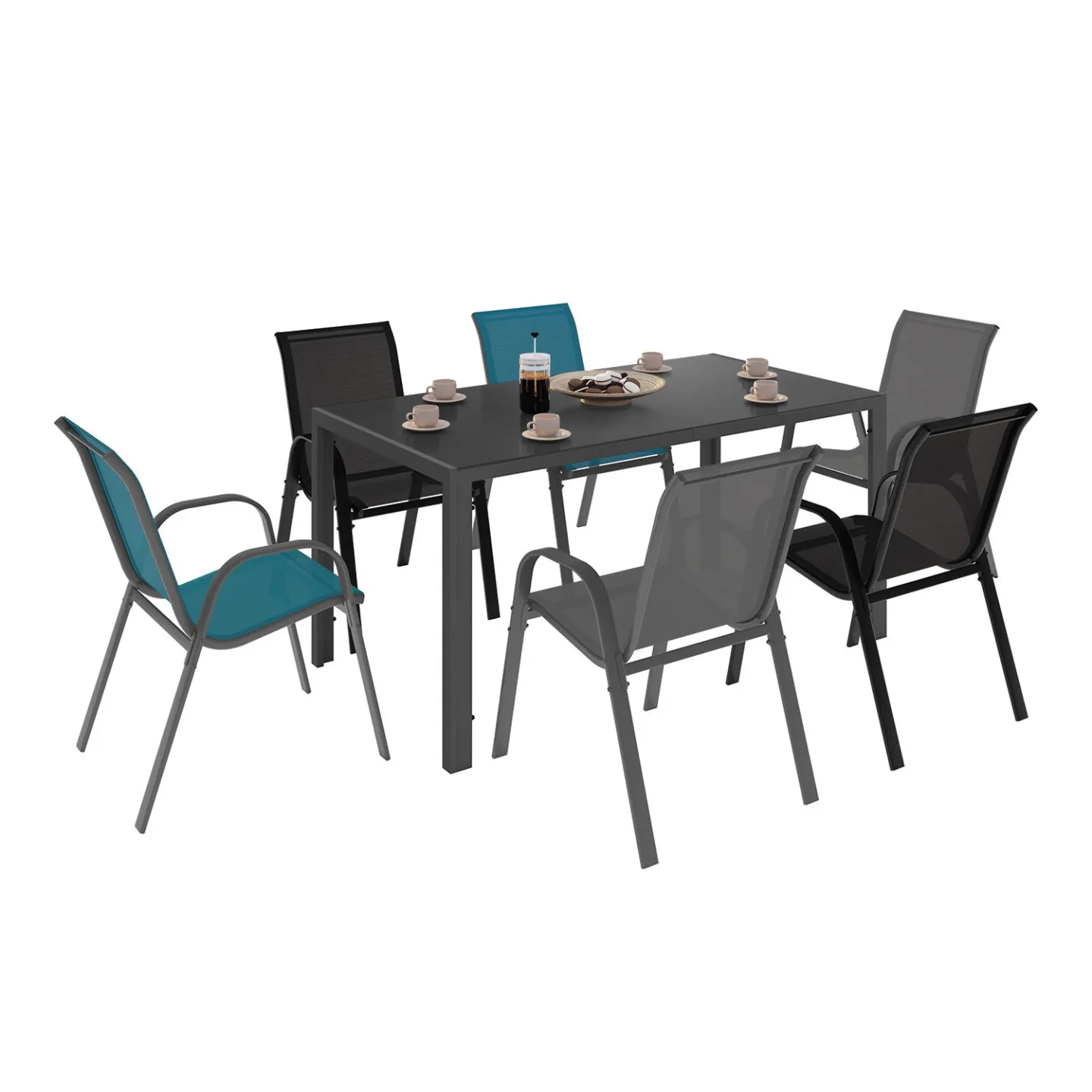 Salon de jardin MADRID table 150 CM et 6 chaises empilables mix color gris, noir et bleu