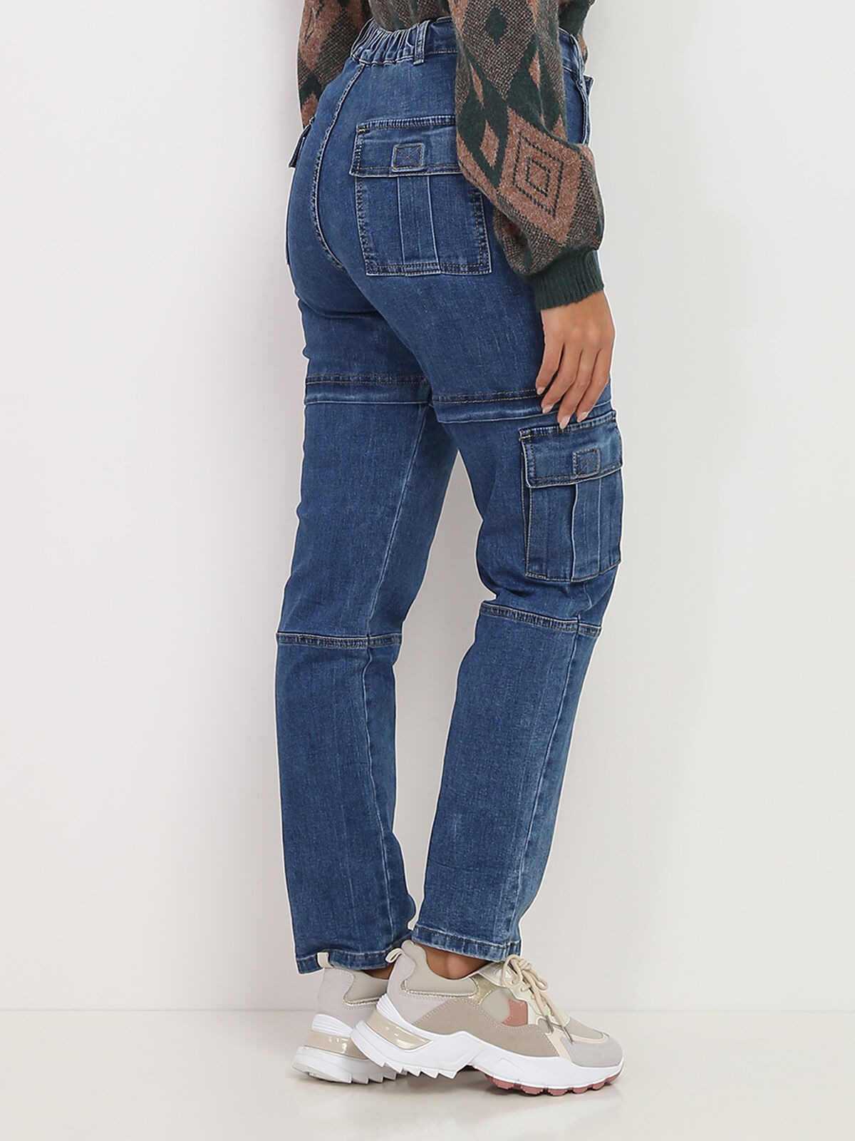 Jean boyfriend à poches style cargo- Bleu
