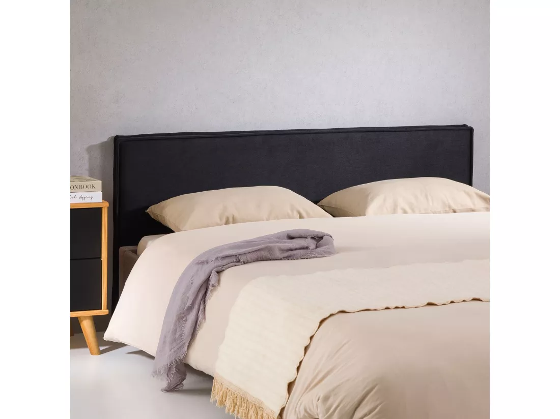 Tête de lit KLAO 160 rembourrée, En tissu polyester pour lit 160 cm, Sur pieds en plastique, Noir