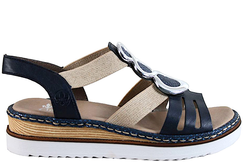 RIEKER SANDAL I NAVYBLÅ KUNSTSKIND PÅ KILEHÆL