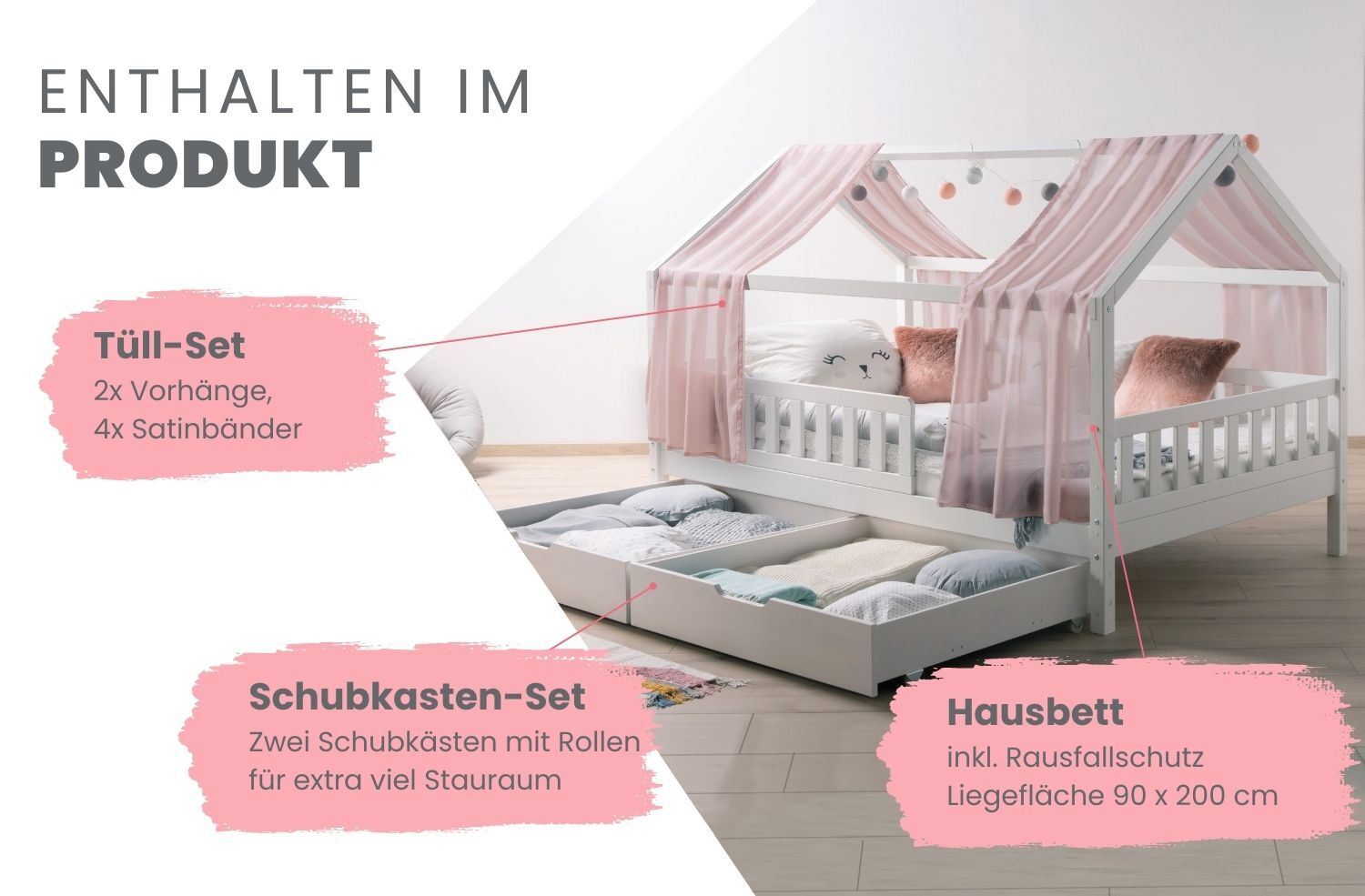 TiCAA TiCAA Kinderbett Hausbett mit Tüll Kim 90x200 cm, 100x200 cm, 120x200 cm, 140x200 cm für Jungen & Mädchen, inkl. Rolllattenrost, Schubkasten und Rausfallschutz variabel, Montessori Bett Weiß aus Kiefer Massivholz