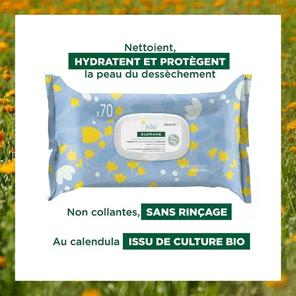 Lenços umedecidos de limpeza suave Klorane Baby Calendula, pacote com 3 unidades de 70 lenços cada.