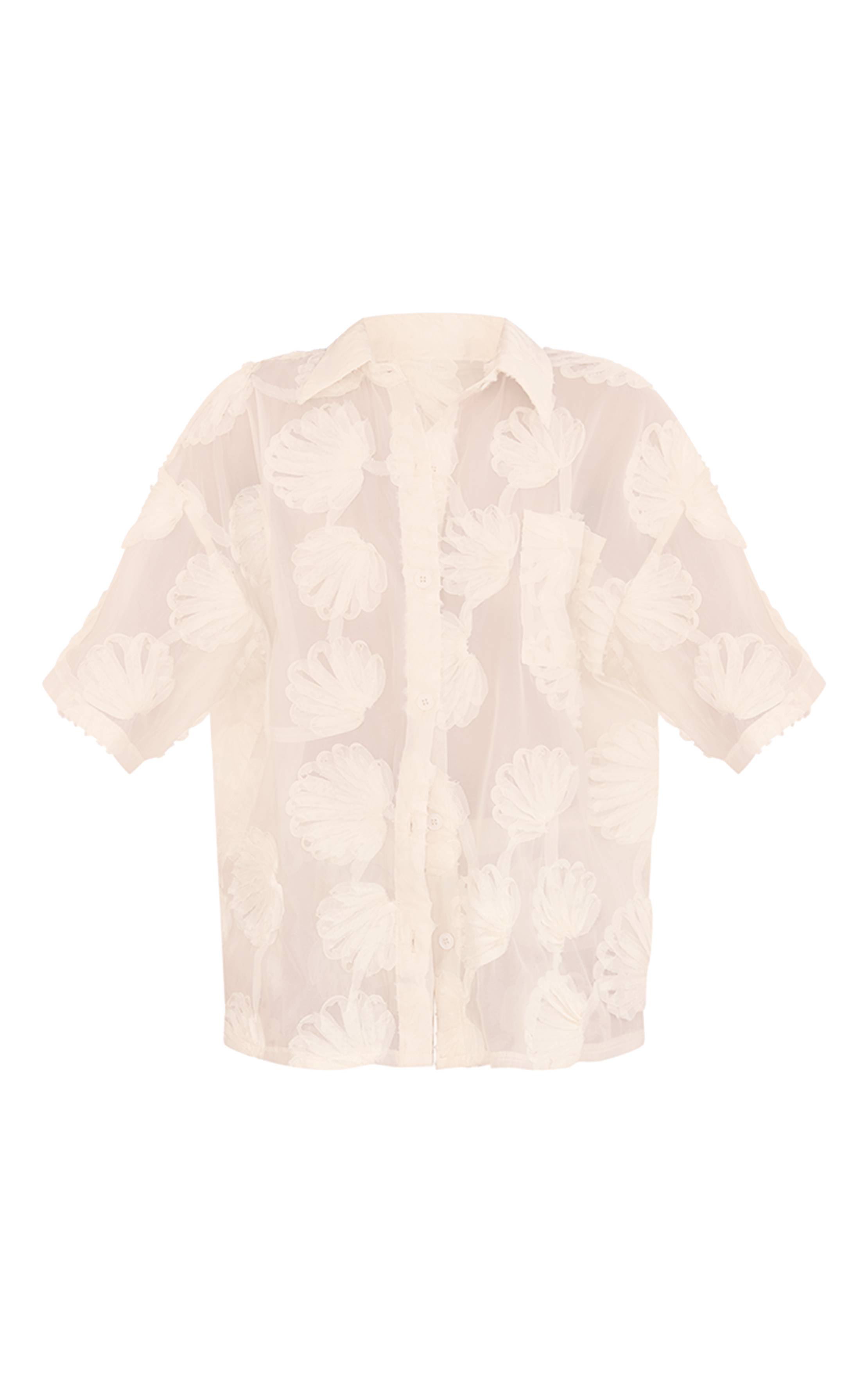 Crème Chemise Ample Transparente Tissée Brodée De Coquillages