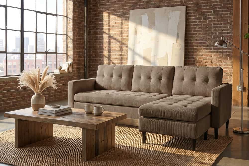Retro Ecksofa STOCKHOLM 220cm taupe Cord Federkern 3-Sitzer