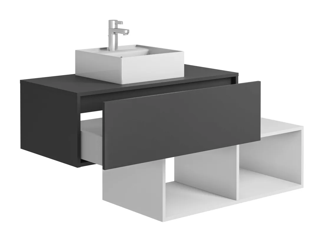 Meuble de salle de bain suspendu avec vasque carrée - 1 tiroir gris anthracite et 2 niches blanches - 94 cm - TEANA II