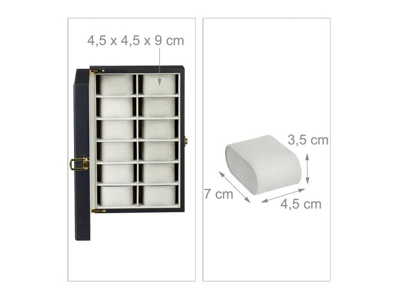 relaxdays Uhrenbox für 12 Uhren 8 cm, Grau/Schwarz Uhrenkasten