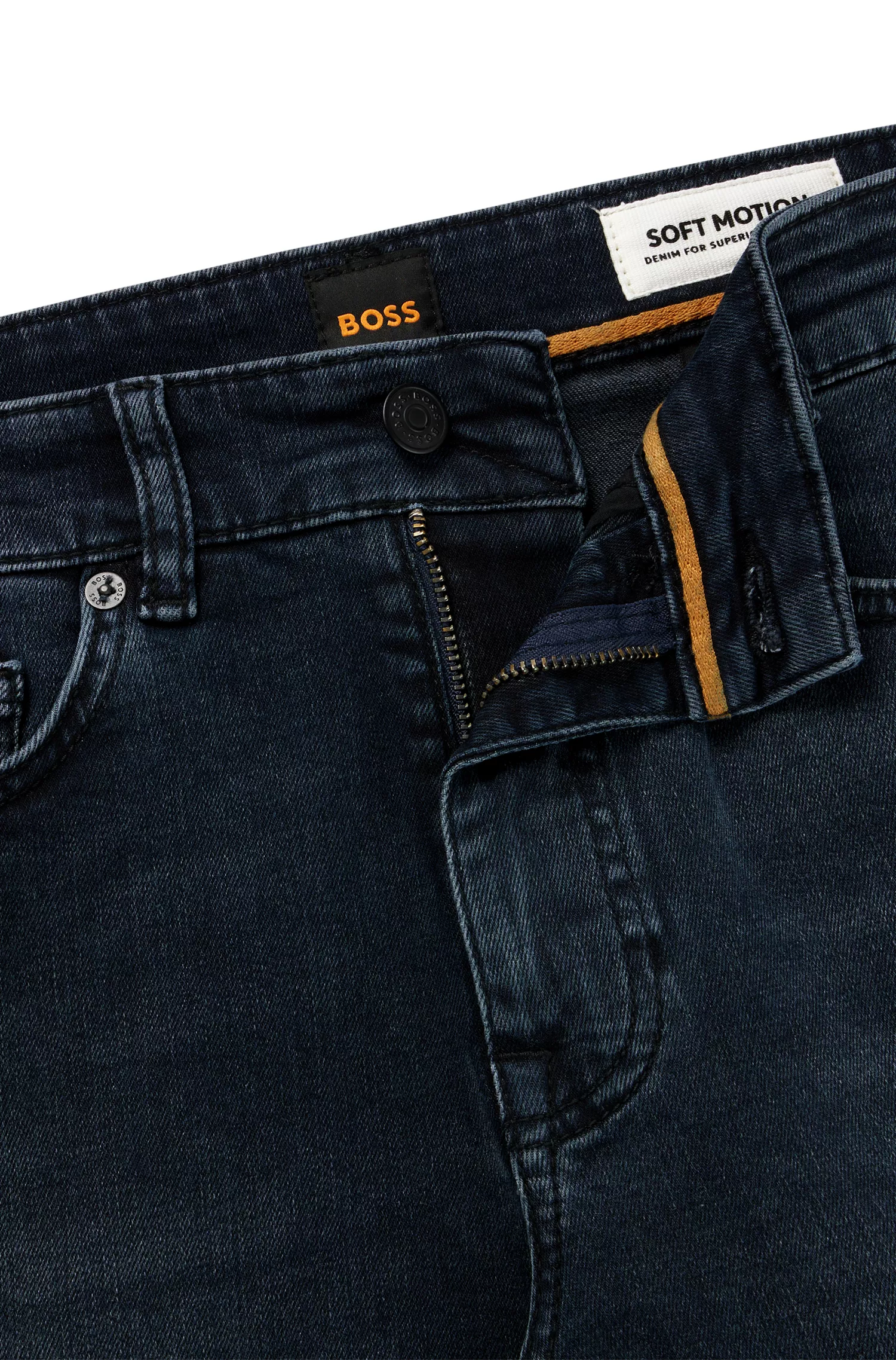 Calça jeans BOSS laranja, corte slim, em denim superelástico azul-escuro.