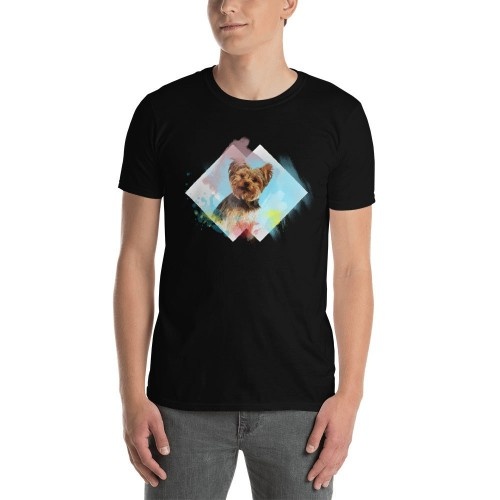 Camiseta masculina Mascochula, estampa aquarela, personalizada com seu animal de estimação, preta.