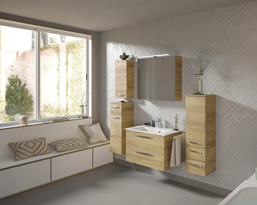Pelipal Kumba badkamermeubelset (B x H x D): 137 x 200 x 50 cm, frontkleur: Riviera eiken, 5-delige set inclusief witte gegoten mineraalwastafel, halfhoge kast, onderkast en bovenkast (99.770126473)