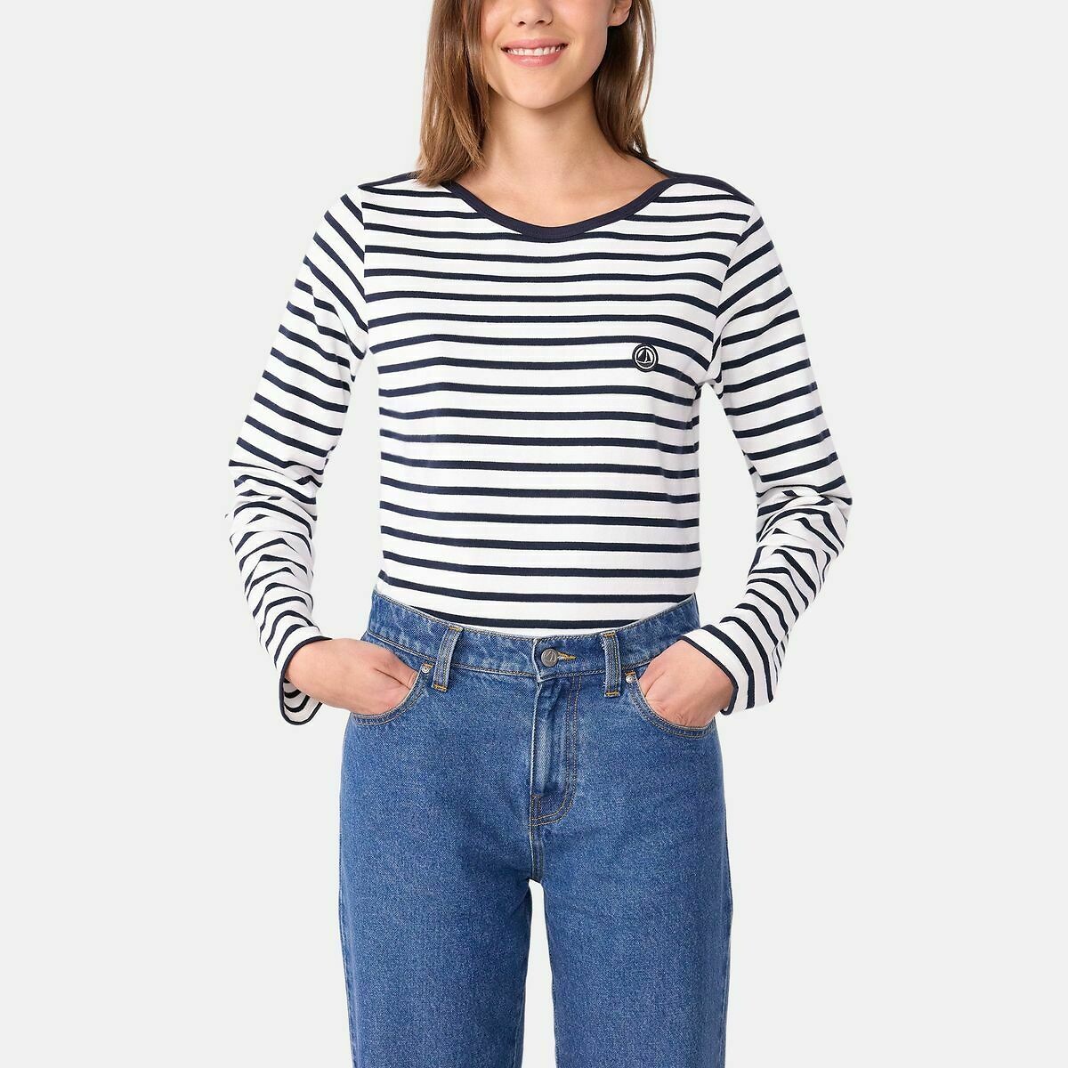 PETIT BATEAU<br>Camisa feminina de algodão azul marinho de manga comprida