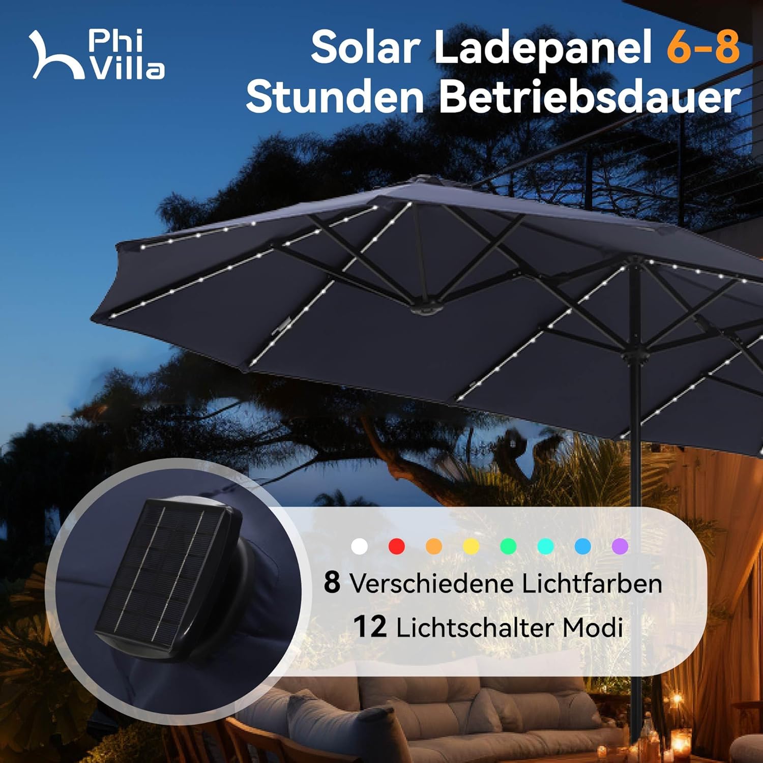 PHI VILLA Sonnenschirm Balkon Rechteckig Groß 380×200cm Balkonschirm Garten Gartenschirm mit LED Kurbel UV Schutz Parasol Windfest