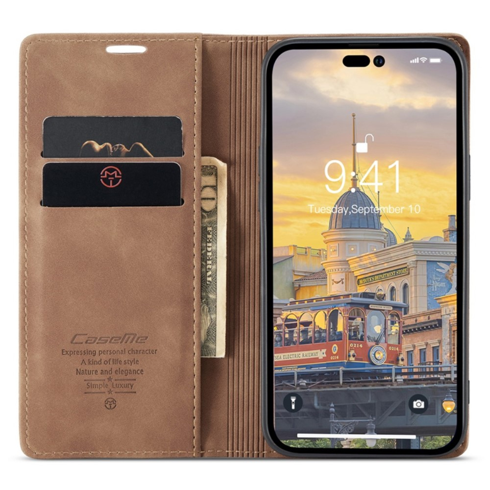 iPhone 14 Pro Max Leder Tasche Flip Wallet Etui mit Kartenfächern - Hellbraun