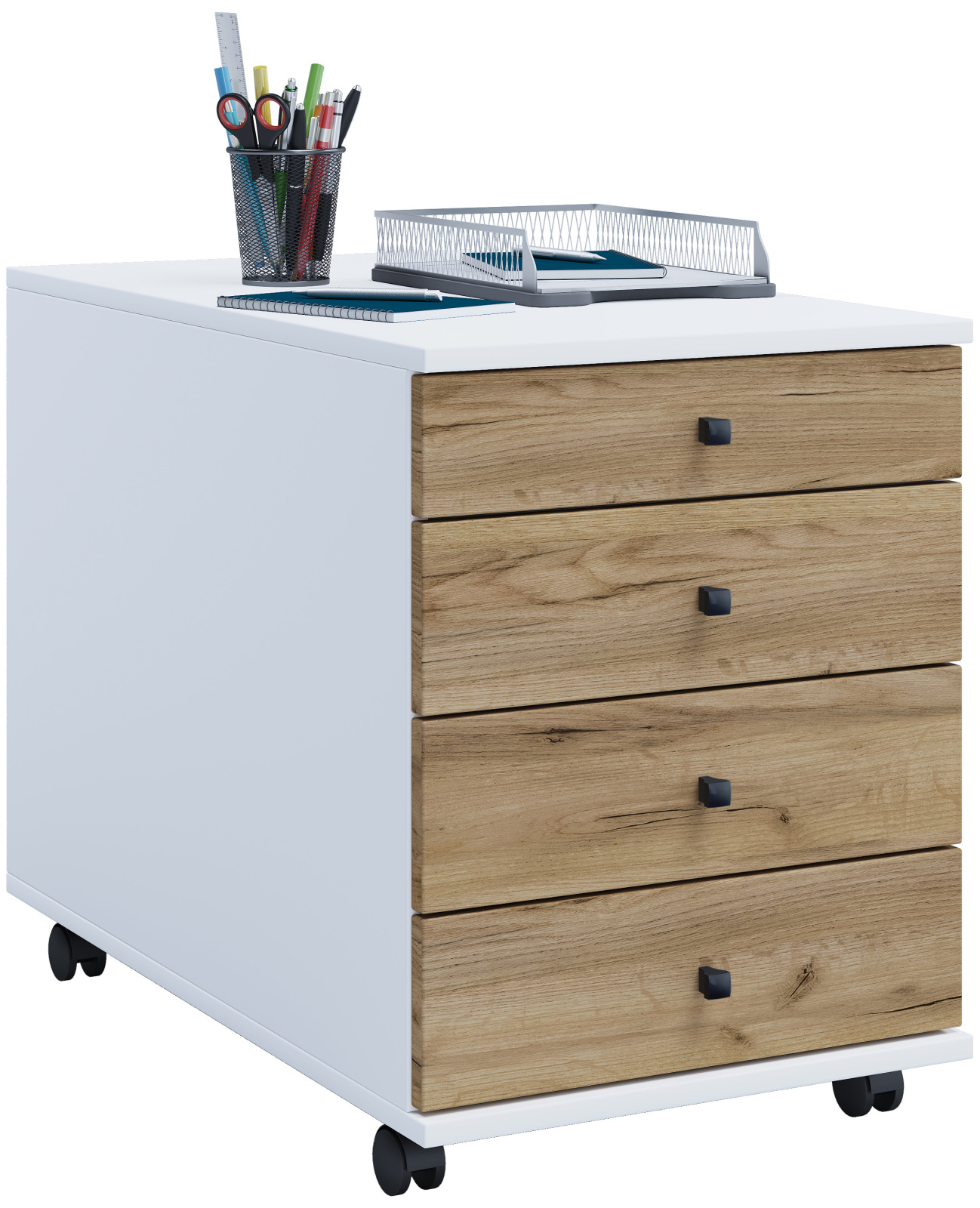 Rollcontainer LONA MAXI - weiß-Honig Eiche - 4 Schubladen
